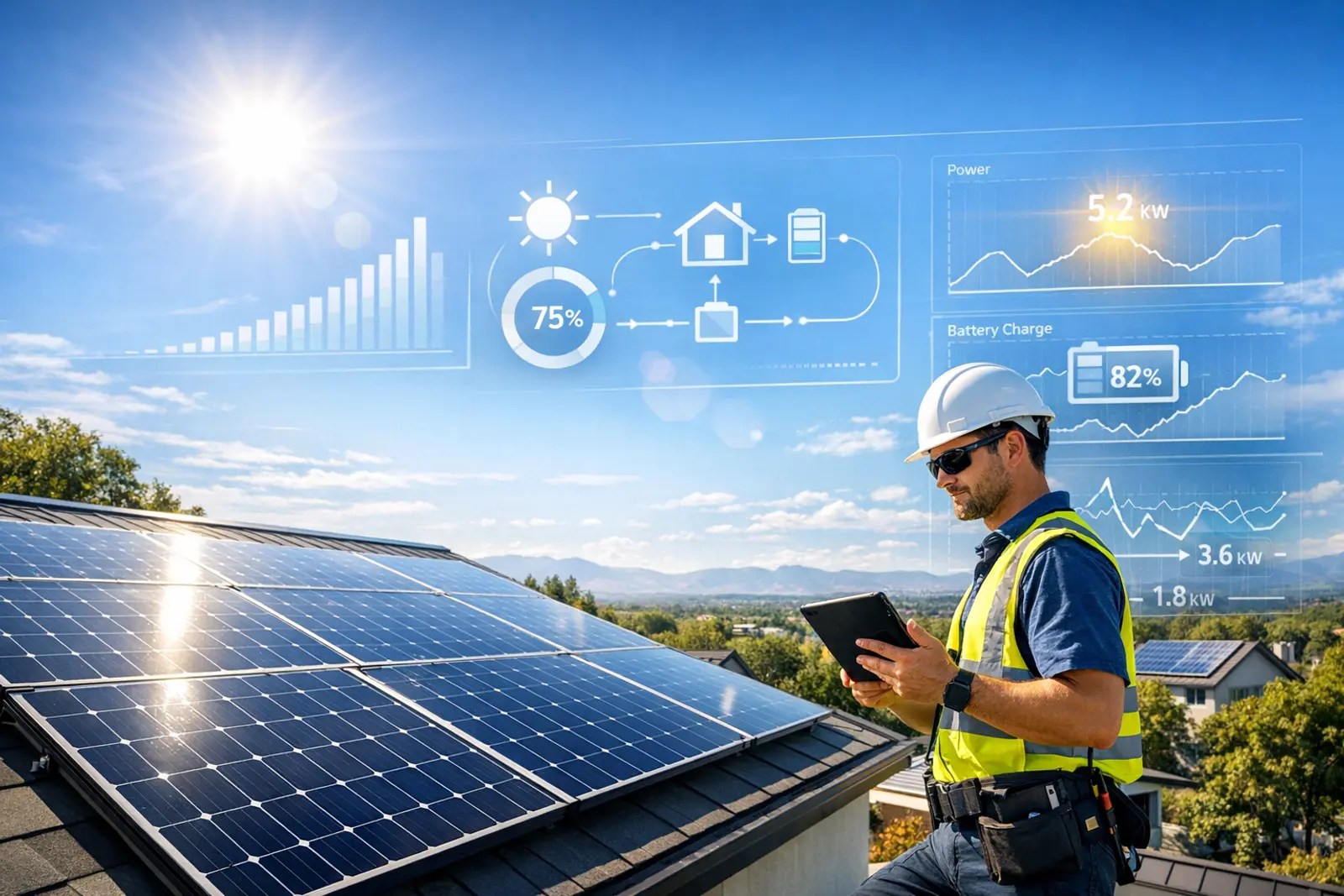 A bright rooftop solar installation with a technician checking a clean energy monitoring dashboard.