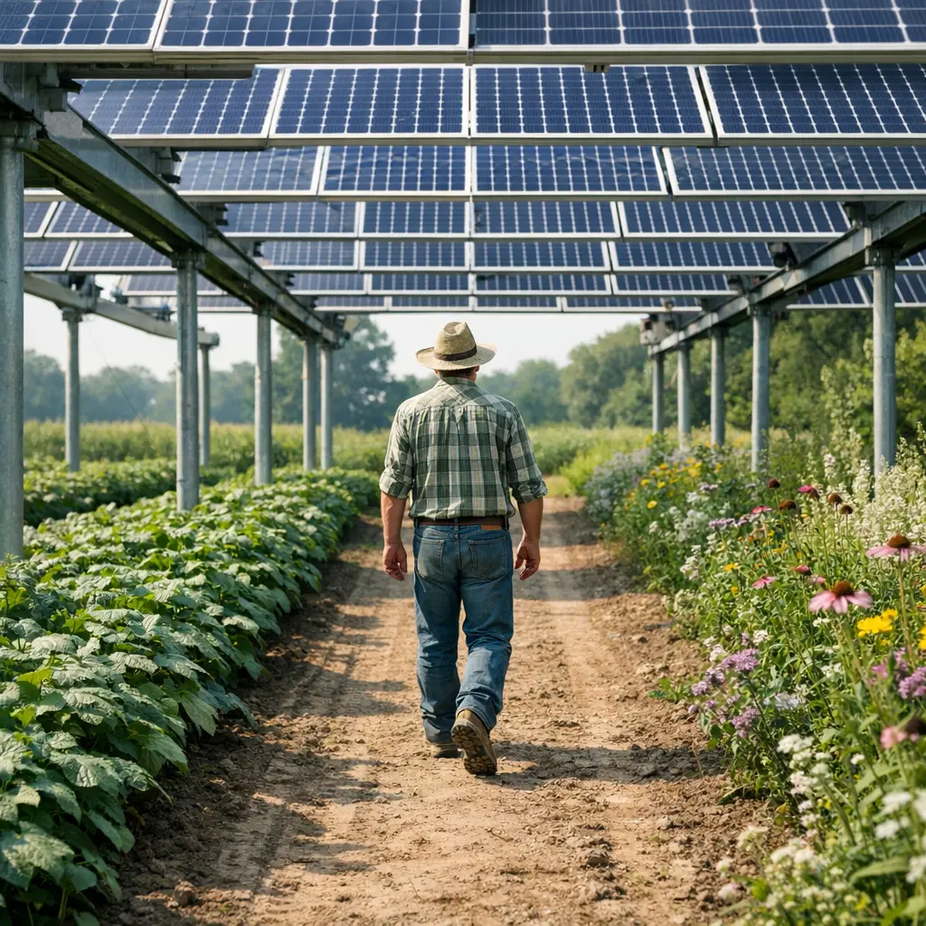 A farmer walking between crops below elevated solar panels