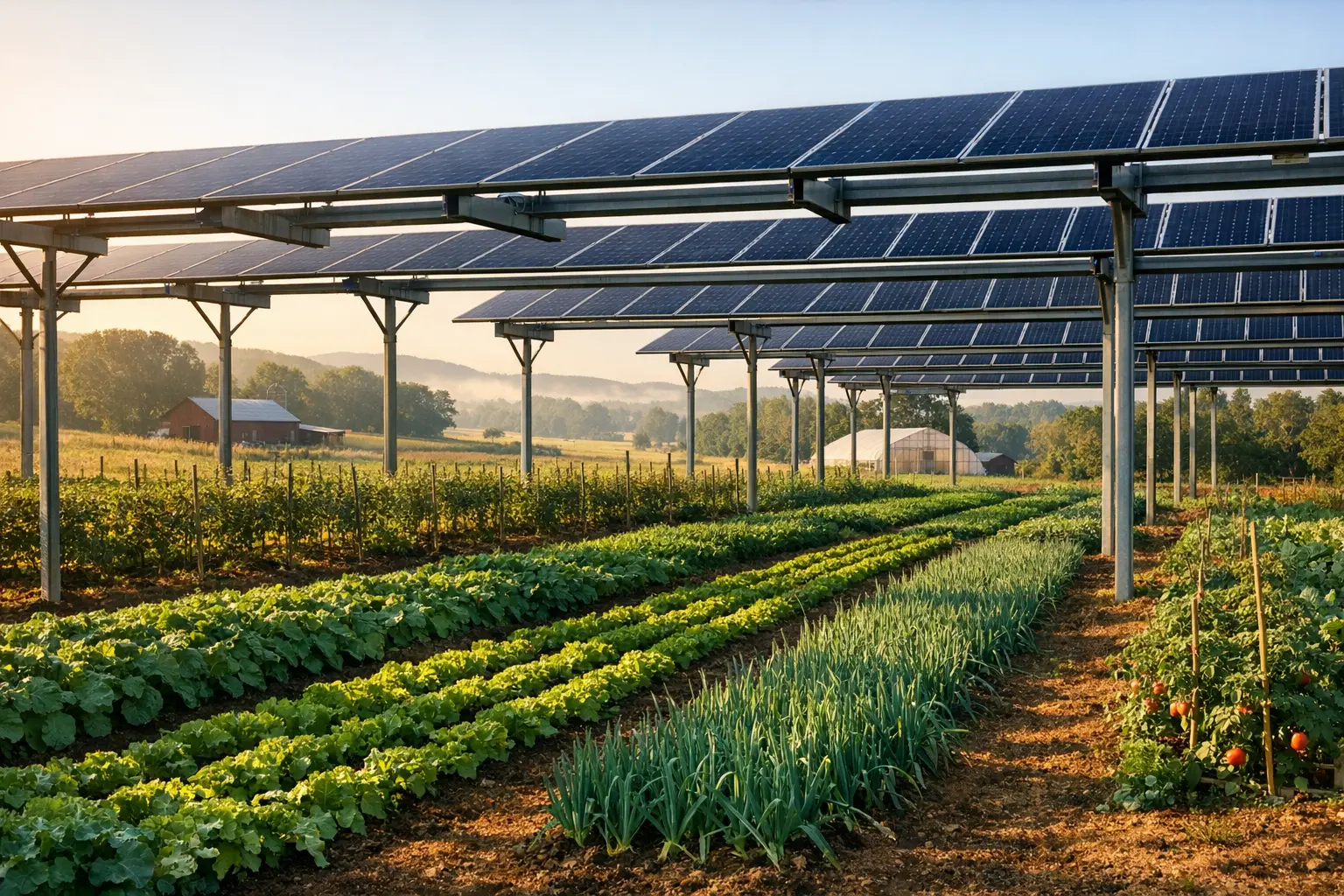 Rows of elevated solar panels above a green vegetable field on a sunny farm.